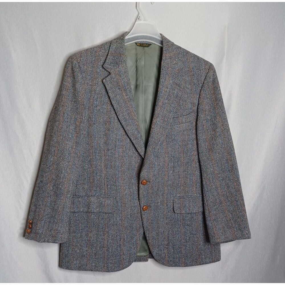 Vintage Harris Tweed Sport Coat Mens 42 Gray Herringbone Wool Blazer USA Made
